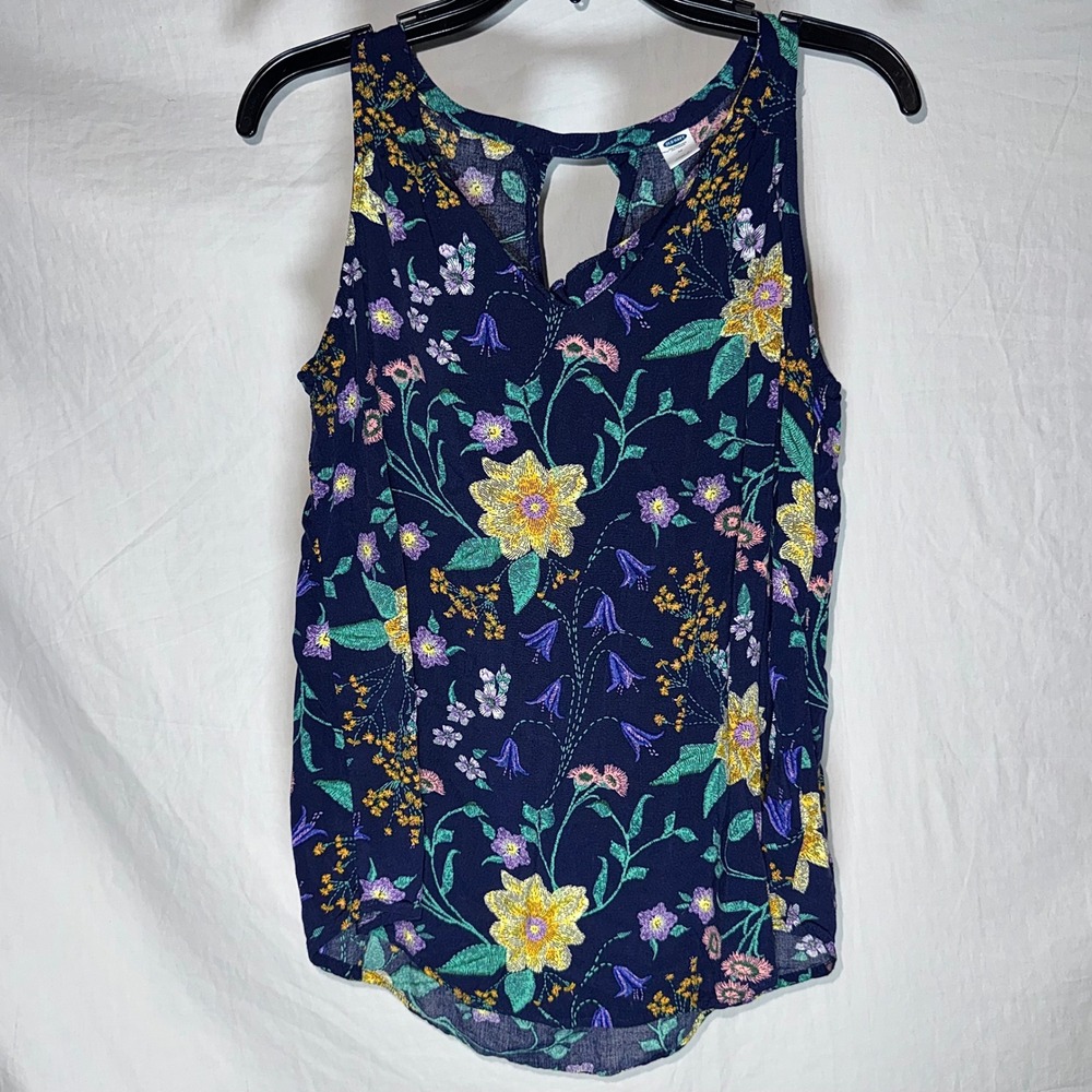 Old Navy Tank Top Navy Blue Floral Sleeveless V-Neck Keyhole Back Womens Medium